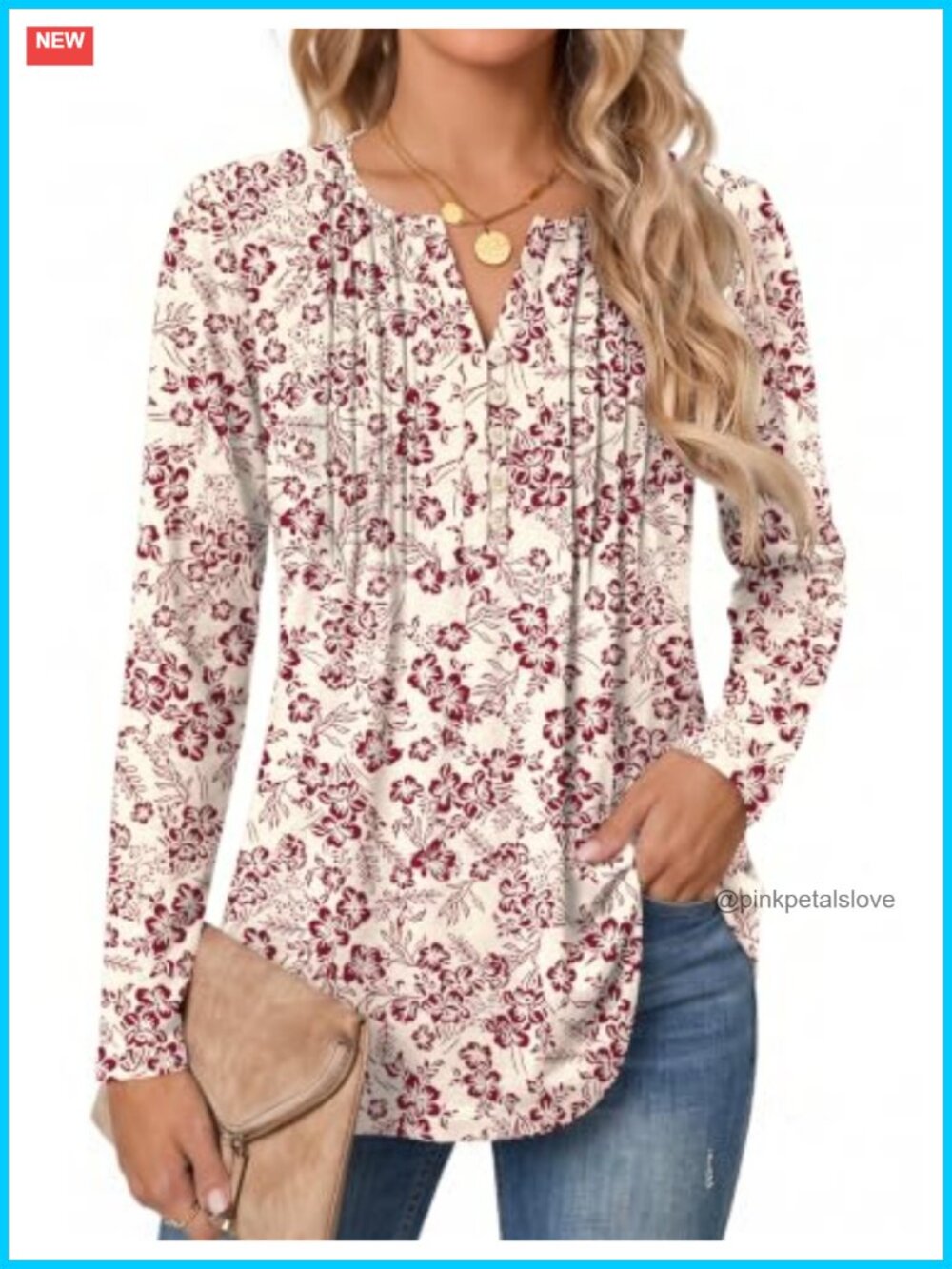 Long Sleeve V-Neck Pleated Button-Down Blouse Business Casual Tunic Top
